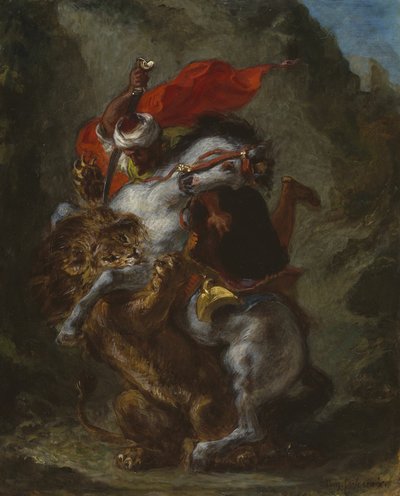 Cavaleiro árabe atacado por um leão de Eugène Delacroix