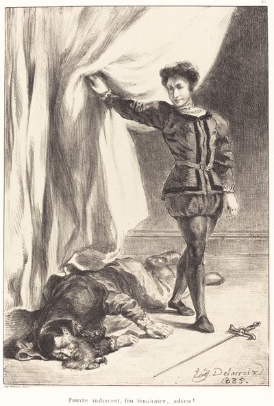 Hamlet e o Corpo de Polônio Ato III, Cena IV, 1835. de Eugène Delacroix