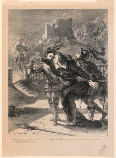 Ilustração para Hamlet: Hamlet tenta seguir o fantasma de seu pai (I,4) de Eugène Delacroix