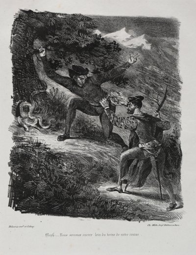 Ilustrações para Fausto: Fausto e Méfistófeles nas montanhas do Hartz de Eugène Delacroix