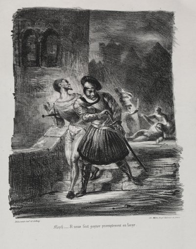 Ilustrações para Fausto: Mefistófeles e Fausto fogem após o duelo de Eugène Delacroix