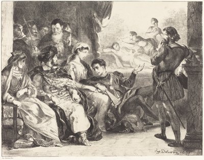 Jogadores encenando o envenenamento do pai de Hamlet (Ato III, Cena II) de Eugène Delacroix