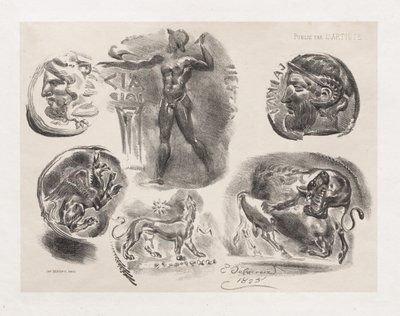 Folha de seis moedas antigas de Eugène Delacroix