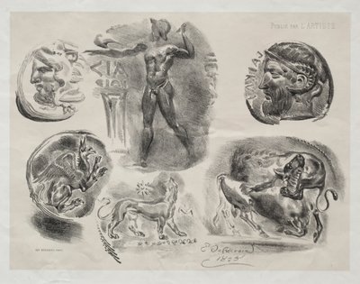Folha com seis medalhas antigas de Eugène Delacroix
