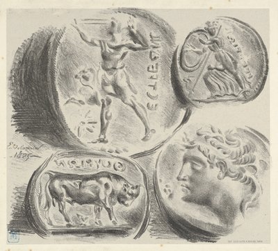 Estudos de quatro moedas gregas, 1825., 1825. de Eugène Delacroix
