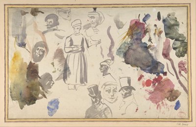 Estudos de cabeças masculinas e uma figura masculina em pé, . de Eugène Delacroix