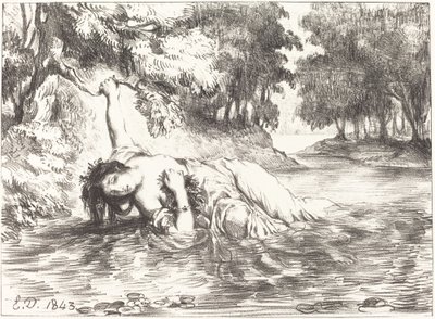 A Morte de Ofélia Ato IV, Cena VII, 1843. de Eugène Delacroix
