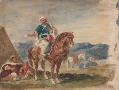 Três cavaleiros árabes em um acampamento, 1832-37. de Eugène Delacroix