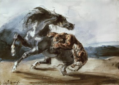 Tigre atacando um cavalo selvagem de Ferdinand Victor Eugene Delacroix