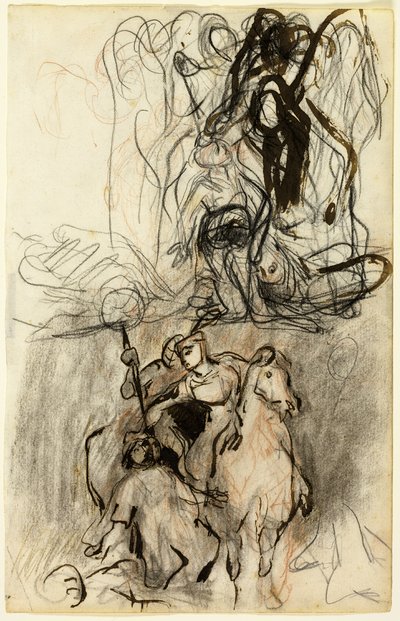 Dois Esboços; Cavaleiros armados e figura no chão de Eugène Delacroix