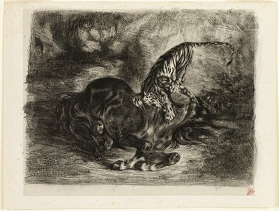 Cavalo selvagem derrubado por um tigre de Eugène Delacroix