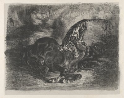 Cavalo selvagem abatido por um tigre, 1828., 1828. de Eugène Delacroix