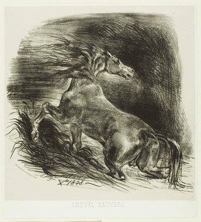 Cavalo selvagem ou cavalo assustado saindo da água de Eugène Delacroix