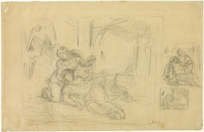 Mulher morrendo (?), Homem no quarto, dois esboços do mesmo de Eugène Delacroix