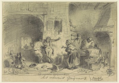 Interior da pousada com visitantes bêbados que se recusam a pagar Les mauvais payeurs (título no objeto) de Eugène François de Block