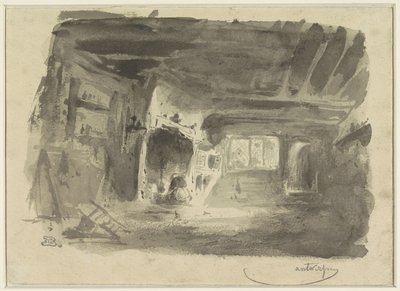Interior com mulher ajoelhada em frente à lareira de Eugène François de Block