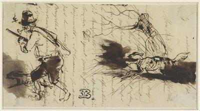 Caçador com cão, sobre uma carta assinada de Eugène François de Block