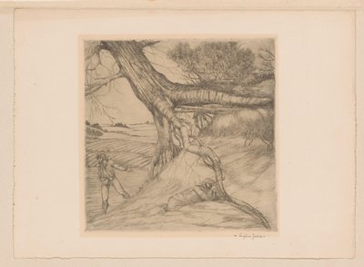 Semeador e figura reclinada com as mãos postas em uma paisagem de Eugène Joors (signed by artist)