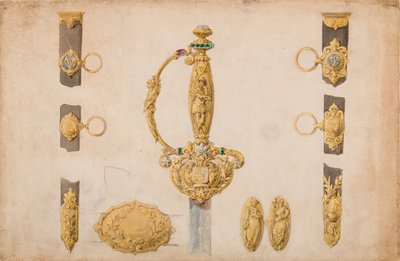 Design para um punho de espada, bainha e acessórios de cinto, ca. 1840-50. de Eugène Julienne.