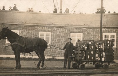 Porteiro com um carrinho de bagagem puxado por cavalos nas docas (foto a p/b) de European Photographer