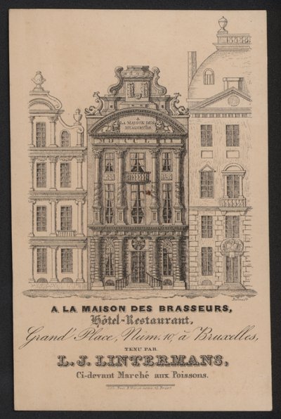 A La Maison Des Brasseurs, Hotel Restaurante, Bruxelas, L J Lintermans (gravura) de European School