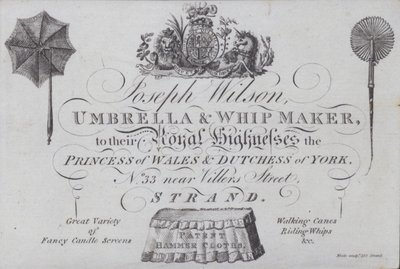 Anúncio para Joseph Wilson, guarda-chuva e chicoteador, Londres (gravura) de European School