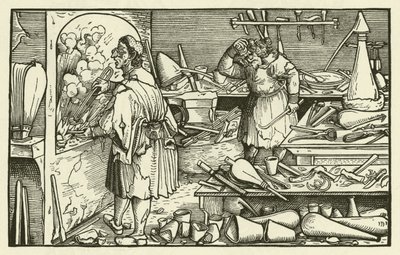 Laboratório do alquimista no século XVI (xilogravura) de European School