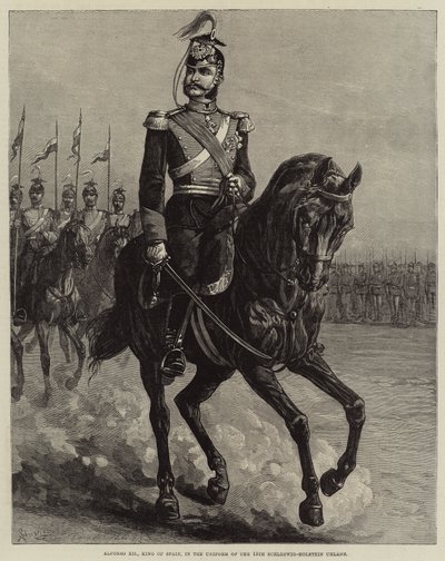 Alfonso XII, Rei de Espanha, no Uniforme do 15º Schleswig-Holstein Uhlans (gravura) de European School