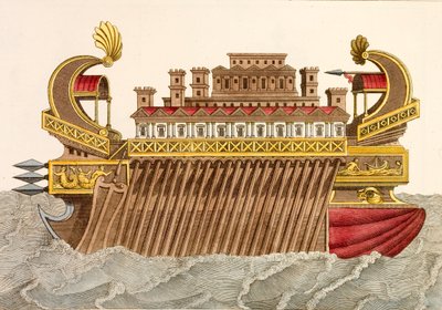 Navio de guerra antigo (gravura colorida) de European School