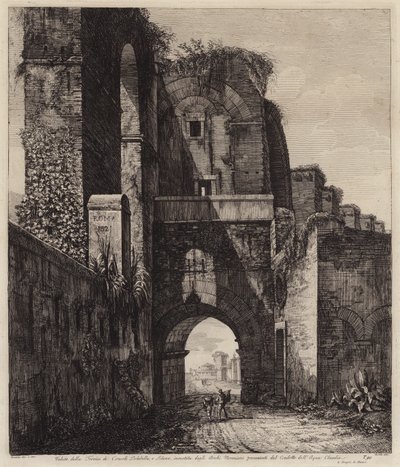 Arcos dos cônsules Dolabella e Silanus encerrados dentro dos arcos neronianos da Acqua Claudia, Roma, Itália (gravura) de European School