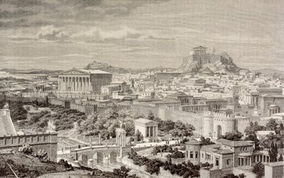 A impressão artística de Atenas, na época do Imperador Adriano, de "El Mundo Ilustrado", publicou Barcelona, 1880 de European School