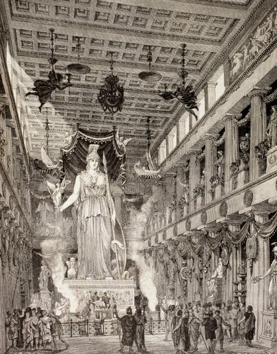 A impressão artística da estátua da deusa Atena no Parthenon, Atenas, durante o período clássico, de "El Mundo Ilustrado", publicado em Barcelona, 1880 (lito) de European School