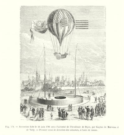 Ascensão feita em 12 de junho de 1784 com o aerostato da Academia de Dijon, por Guyton de Morveau e de Virly, Primeiro teste de direção de aerostatos, com a ajuda de remos (gravura) de European School
