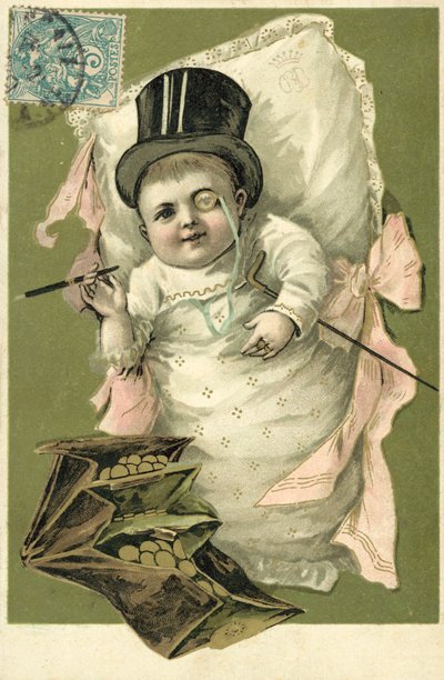 Bebé com cartola e monóculo (litografia a cores) de European School
