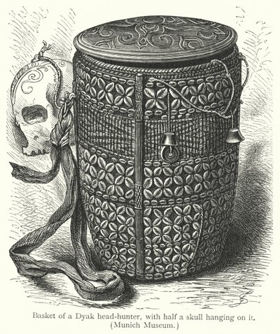Cesto de um caçador de cabeças Dyak, com metade de um crânio pendurado (gravação) de European School