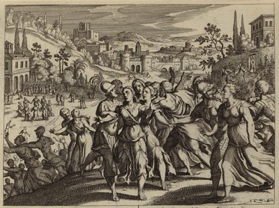 Benjamitas transportando as mulheres de Shiloh para serem suas esposas (gravura) de European School