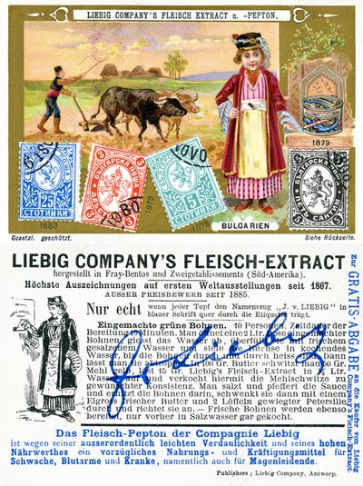 Selos postais búlgaros, frente e verso de um cartão promocional da Liebig, 1897 de European School