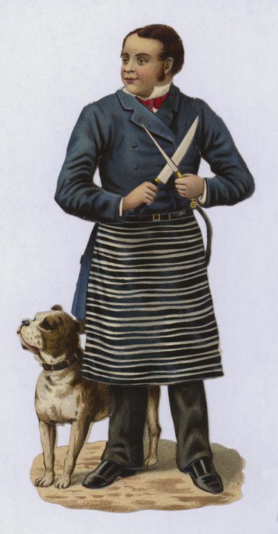 Açougueiro, faca de afiar, com cachorro de European School