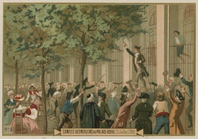 Camille Desmoulins emite seu chamado às armas do lado de fora do Palais Royal, Paris, Revolução Francesa, 12 de julho de 1789 de European School