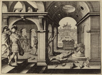 Arca da Aliança capturada no Templo Filisteu de Dagon (gravura) de European School