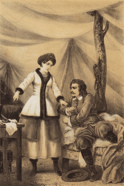 Catarina I da Rússia a dizer a Pedro o Grande: "Escreve, será a tua salvação" (litho) de European School