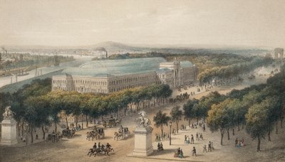 Campos Elíseos e Palácio da Indústria construídos para a Exposição Universal de 1855, Paris, França (litografia a cores) de European School