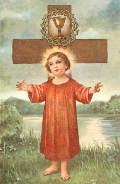 Menino Jesus, cruz, coroa de espinhos e cálice de comunhão (litografia a cores) de European School