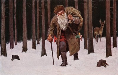 Cartão de Natal, o Pai Natal a caminhar na neve com um saco de presentes, veados ao fundo (litografia a cores) de European School