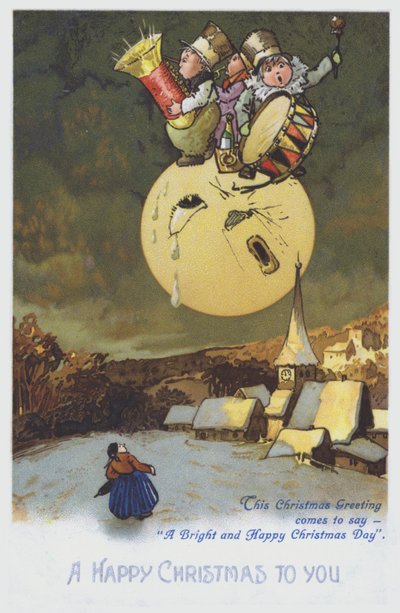 Cartão de felicitações de Natal representando um grupo de músicos na lua por cima de uma cidade com neve. (cromolito) de European School