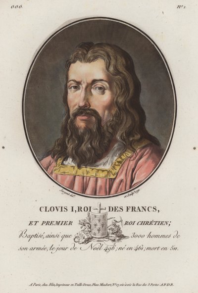 Clovis I, Rei dos Francos (gravura colorida) de European School