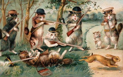 Gatos de banda desenhada, à caça de coelhos (litografia a cores) de European School