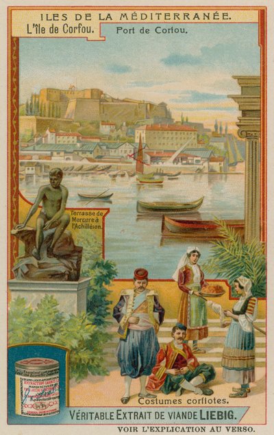 Corfu: a estátua de Aquiles e o vestido tradicional de European School