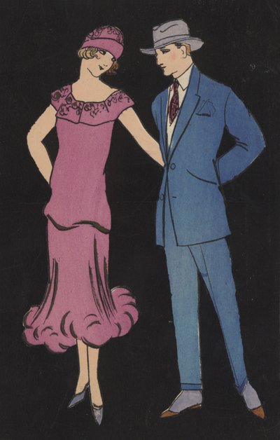 Casal com vestido elegante (litografia a cores) de European School