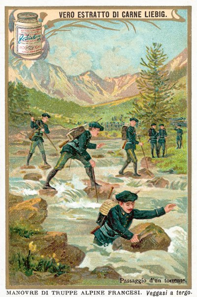 Atravessar uma torrente de montanha (chromolitho) de European School